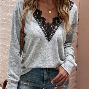 Lace trim drop shoulder shirt